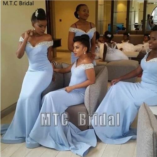 Wholesale Mint Blue Mermaid Long African Bridesmaid Dresses With Crystal Off The Shoulder Plus Size Maid Of Honor Dress Cheap