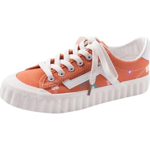 Flowers Orange Canvas Shoes Female Ulzzang Wild Board Shoes Korean Version 2019 Retro Hong Kong Flavor Ins Tide Sneakers Shoes