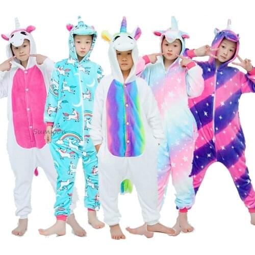 Kigurumi Unicorn Sleepwear For Girls Boys Children Kids Animal Panda Dinosaur Cat Tiger Fox Onesies Hooded Pajamas