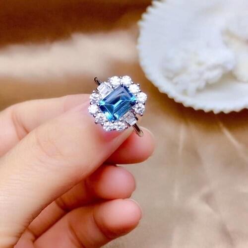 Natural blue topaz gem Ring Natural gemstone ring S925 silver Elegant simple square women girl woman gift party fine Jewelry
