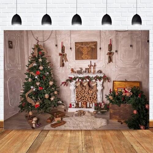 Christmas Backdrop for Photography Winter Family Party Fireplace Socks Brick Wall Photo Background Bell Christmas Tree Photocall
