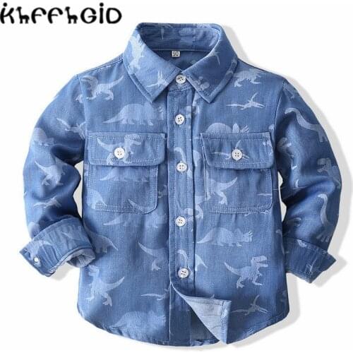 Spring and autumn long sleeve denim cartoon top new boys' long sleeve cartoon dinosaur denim shirt Baby Toddler Shirt 2-6 years