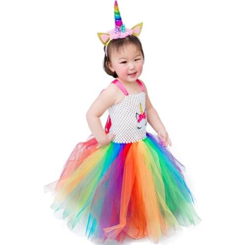 Sweet Rainbow Girls Unicorn Party Long Dress Princess Birthday Dance Ball Gown Bridemaid Wedding Dress Maxi Dress for Girl Dress