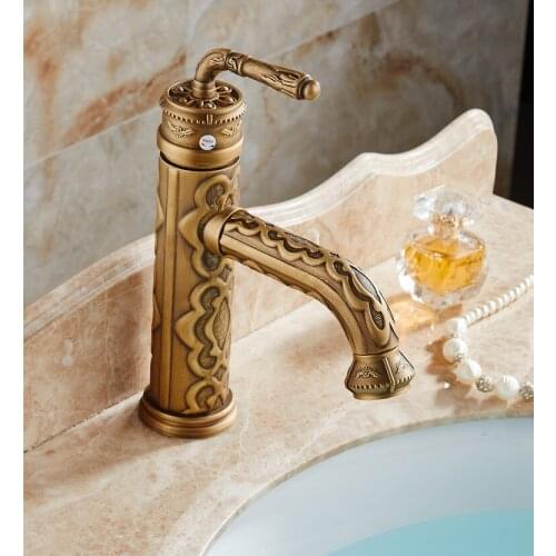 Vintage Retro Carved Flower Pattern Antique Brass Single Lever Handle Bathroom Faucet Sink Basin Mixer Tap anf329
