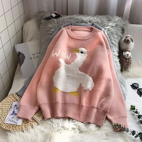 Knitted Sweaters Autumn Winter 2020 Women Clothes Cartoon Cute Pullovers O-neck Solid Oversized Tops Outwear Pink Color