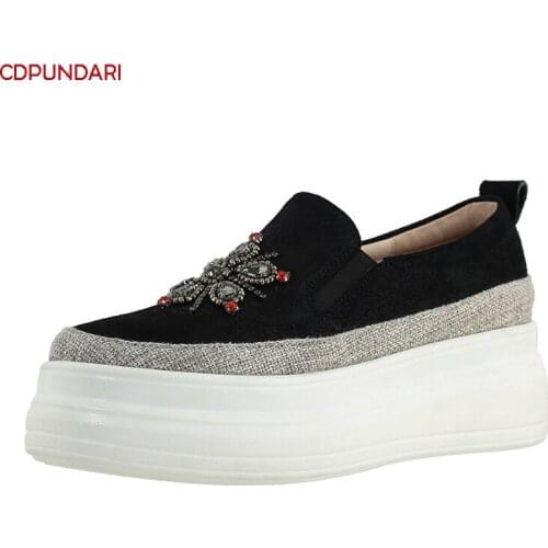 2021 Luxury Rhinestone Genuine Leather Flat Platform Shoes Women Spring Sheepskin Flats Ladies Popular Zapatos Casuales De Mujer