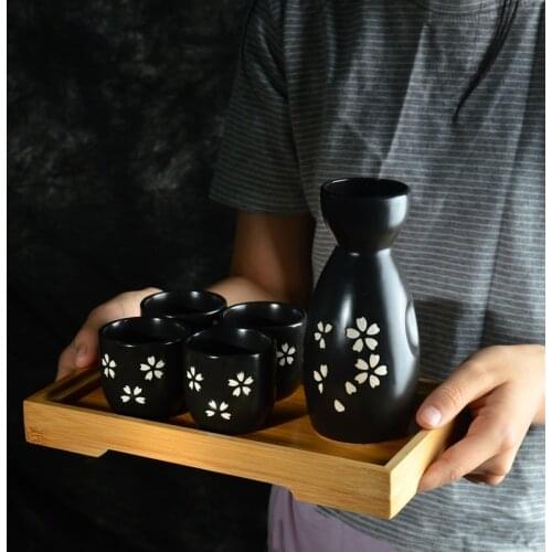 Japanese Sake Wine Warmer 1 Pot 4 Cups Ceramic Wineware Cherry Blossom Pattern Sake Pot Yellow Wine Cup Sake Pot Elegant Gift