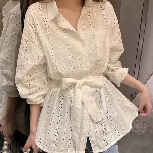 100% Cotton Hollow Out Women White Shirts Summer New 2021 Sashes Long-Sleeved Slim Elegant Office Lady Outwear Tops