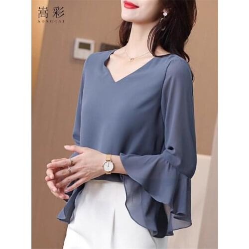 2021 Spring Flare Sleeves V-Neck Chiffon Shirts Vintage Casual Loose Women Tops Womens Blouse Plus Size Tops L-7XL 8XL 10 Color