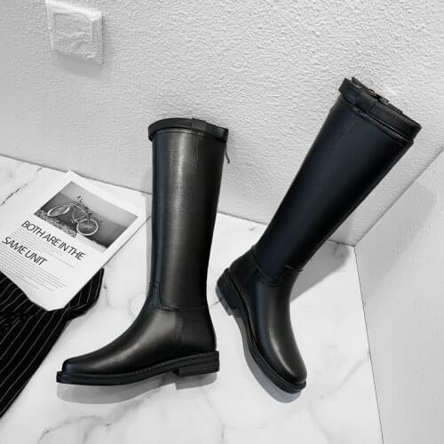 2021 Women Genuine Leather Boots Metal Lock Leather Strap Long Botas Mujer Round Toe Female Riding Boots New