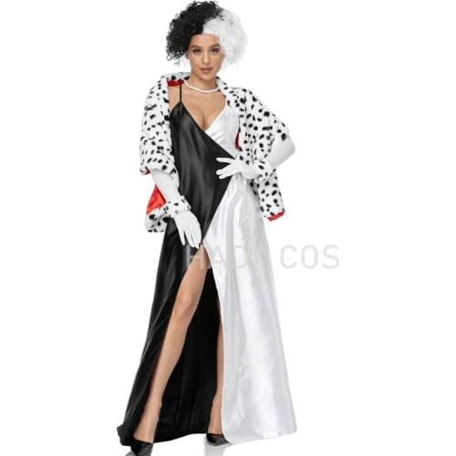 Cruella Cosplay Costumes Performance Elegant Dress Cruella De Vil Women Sexy Evening Dress Fur Shawl Costume Set Halloween Party