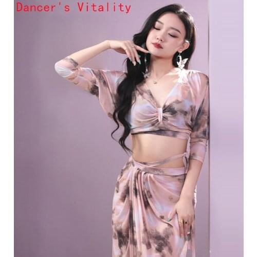 Belly Dance Suit for Women Bellydancing Mesh Half Sleeves Top+long Hip Skirt 2pcs Bellydance Group Set Oriental Dance Clothing