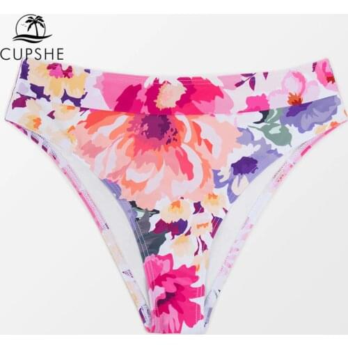 CUPSHE Pink Floral Mid Waist Bikini Bottom Swimsuit For Women Sexy Mid Cut Panties Brief 2021 Separate Brazilian Bikini Bottoms