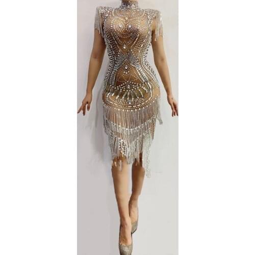 Female Singer Full Rhinestone Fringe Dress Nightclub Host Elegant Sleeve Tassel One-Piece Festival Clothing Rave Outfits DWY6126