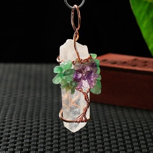 1PC natural colored crystal rubble wrapped in white crystal pillar pendant copper wire gift elegant necklace token of love gift
