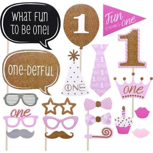 20pcs/set 1st Birthday Photobooth Props Funny Mustache 1 Year Party Decoration Fun To Be One Photo Prop Boy Girl Party Supplies