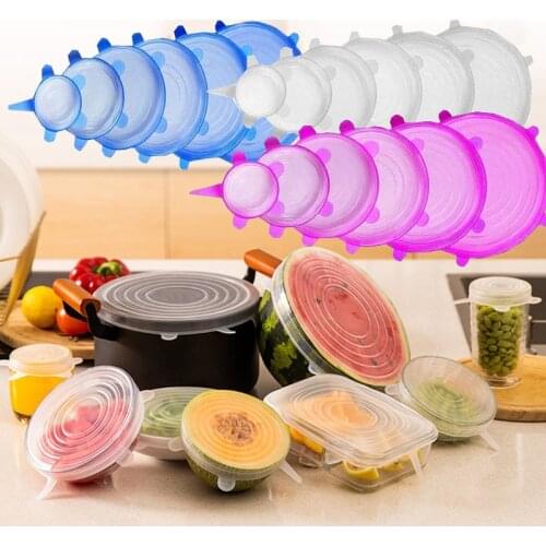 6pcs/set Silica Gel Plastic Wrap Reusable Food Sealing Cover Kitchen Accessories Bowl Cover Zero Waste Food Grade Silicone