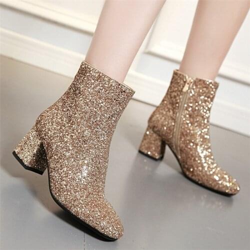 AGODOR Luxury Block High Heels Glitter Ankle Boots Sparkly Sequins Bling Party Wedding Winter Womens Shoes