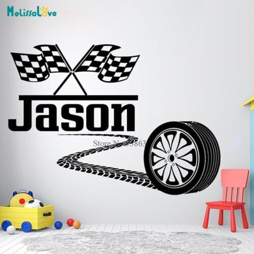 Large Custom Name Racing Car Tire Checkered Flags Personalized Nursery Decor Toys Playroom Decal Vinyl Wall Sticker BD027