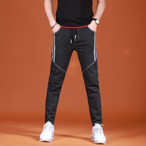 Fashion Side Stripe Spliced Black Jeans Men Slim Fit Pencil Pants Streetwear Casual Drawstring Denim Trousers