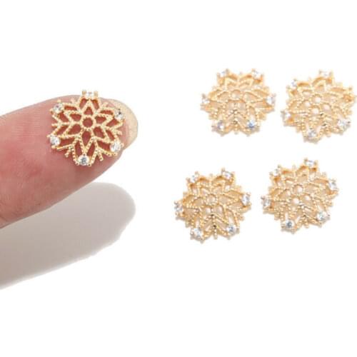 5pcs Real Gold Plated Brass 12mm Width Micro Pave Cubic Zirconia Snowflake Flower Beads Caps For DIY Jewelry Finding