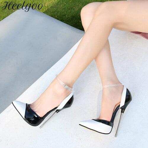 Heelgoo 16cm Metal Heel Women Glossy Pointy Toe D'Orsay Stiletto Pumps Black White Patchwork Ladies Pointed Toe Party Shoes