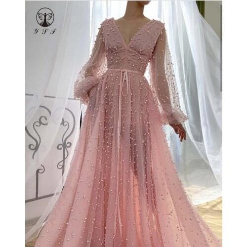 2020 Best Selling Prom Dresses Pleated Beaded Pearls Long Sleeve A Line Floor Length Coral Vestidos De Formature