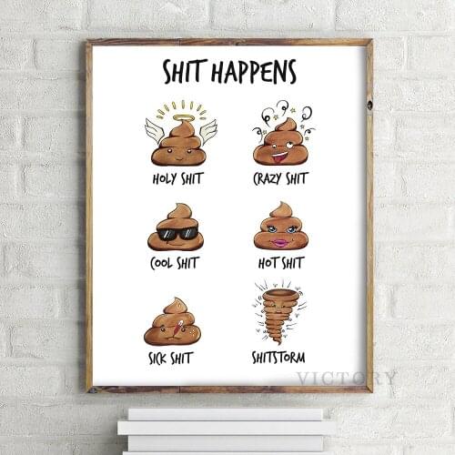 Cartoon Bathroom Canvas Painting Funny Toilet Print Shit Happens Quote Wall Art Restroom Decorative Picture Home Decoration