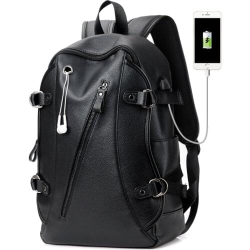 Men Backpack External USB Charge Waterproof Backpack Fashion PU Leather Travel Bag Casual School Bag Leather Bookbag Bolsa