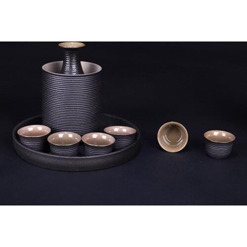 Ceramic Sake Pot Cup Set Black Pottery Liquor Flask Wine Bottle Cups Tray Japanese Style