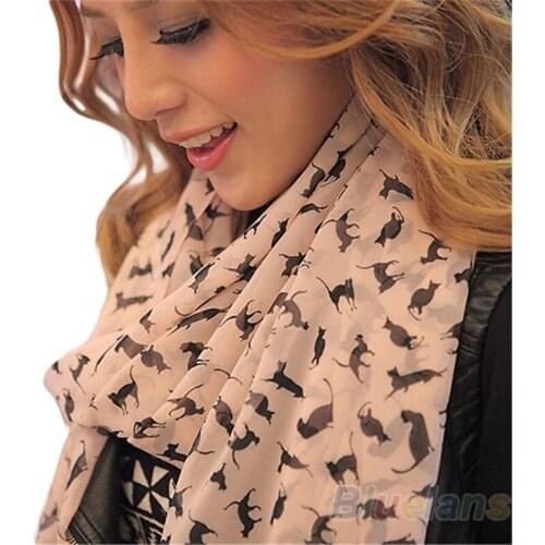 New Fashion Womens Chiffon Colorful Sweet Cartoon Cat Kitten Scarf Graffiti Style Shawl Girls