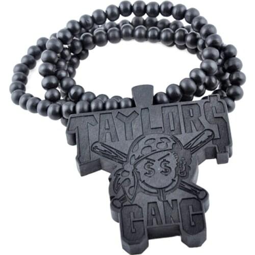 Hip Hop New Men‘s Wood Taylors Gang Pendant Necklace Rock Style Wooden Beads Long Chain Necklace Male Party Jewelry Gift