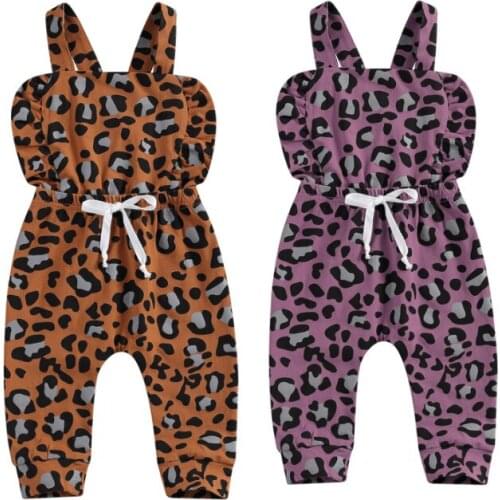 0-3Y Kids Newborn Baby Girl Leopard Print Overalls Romper Baby Sleeveless Ruffle Bow Suspender Trousers with Drawstring