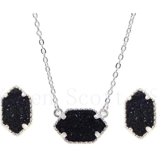 Oval Style Resin Druzy Drusy Necklace Stud Earrings Jewelry Set Hexagon Colour Fashion Collar Brand Women Wedding Party