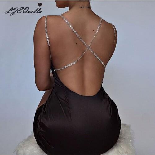 Black Chain Silk Dress Women Sexy Backless V-Neck Sleeveless Hight Hem Mini Strap Slim Hip Dresses Summer Party Vestidos NZ3203