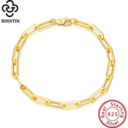 Rinntin 14K Gold Plated Genuine 925 Sterling Silver Paperclip Link Chain Bracelet for Couples Women Men Bracelet Jewelry SB109