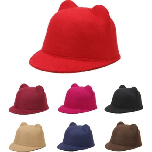Cute Cat Ears Wool Felt Hat for Women Children Boys Girls Solid Color Plain Fedoras Formal Hats Equestrian Parent-child Cap