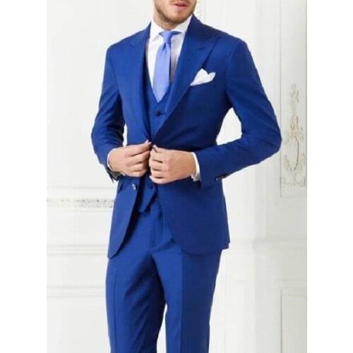 New Design Two Buttons Royal Blue Groom Tuxedos Peak Lapel Groomsmen Mens Wedding Prom Suits (Jacket+Pants+Vest+Tie) NO:11