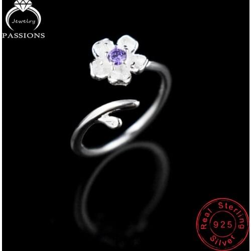 LYNNE Jewelry Fine Sakura AAA Zircon Rings Resizable 925 Sterling Silver Purple Rhinestone CZ Flowers Ring Women Fashion Gift