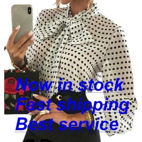 Women 's Elegant Polka Dot Bow Tied Neck Lantern Long Sleeve Work Office Casual Blouse Shirt Tops