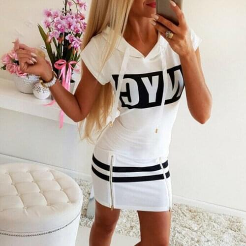 Women Casual Pencil Dress Hooded Zipper Decor O-Neck Short Sleeve Letter Print High Waist Summer Dress Slim Fit Mini Dress
