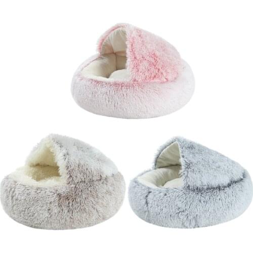 Winter Round Plush Burrowing Cave Hooded Cat Bed Indoor Sleeping Nest Kitten Cuddler House Hut Pet Cushion Tent for Kitty Dogs