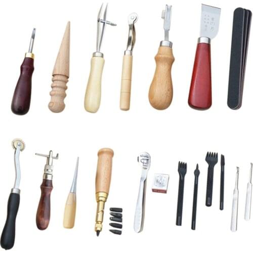Professional 18 Pcs Leather Craft Tools Kit Hand Sewing Stitching Punch Carving Work Saddle Leathercraft Accessories