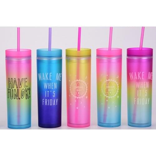 2021 new gradient rainbow water cup straight body Skinny plastic tumbler double wall plastic sippy cup