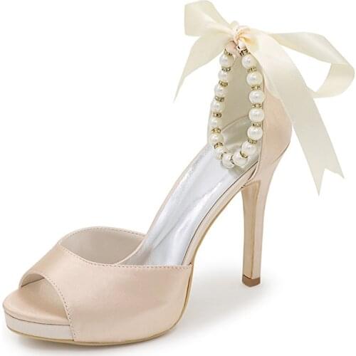 High Heels Platform Satin Wedding Shoes Women Peep Toe Heeled Ankle Strap Pearls Prom Evening Bridal Party Dress Pumps