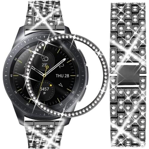Bling Bracelet for Galaxy Watch 46mm Band Jewelry Metal Strap for Galaxy Watch 3 45mm with Diamond Frame Case Protector Black
