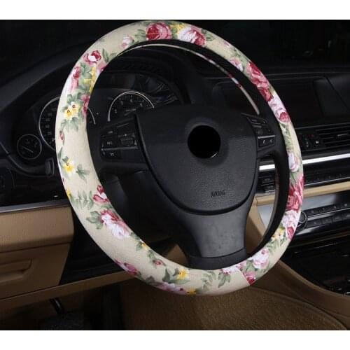 Fashion Flax Leather Cute Car Steering Wheel Cover Flowers for Girls Women Universal Interior Accessories