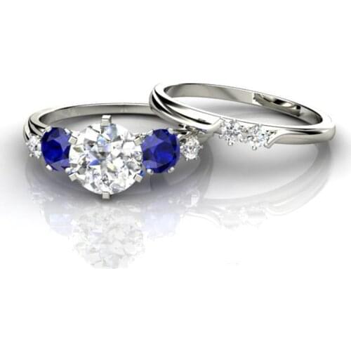Simple Female Blue Crystal Stone Ring Set Charm Silver Color Love Wedding Rings For Women Vintage Round Zircon Engagement Ring