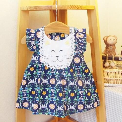 Baby Dress Girls Summer Newborn Dress Flowers Print Cat Embroidery Infant Party Dresses For Girls Infant Clothing 0-2T 2 Color