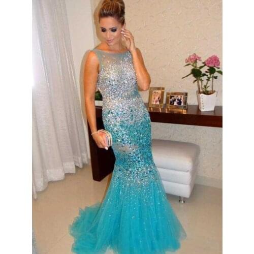 Luxury 2018 Mermaid Celeberity Evening Dress Crystal Prom Gowns Tulle Long Women Formal Party Dress Vestidos De Fiesta